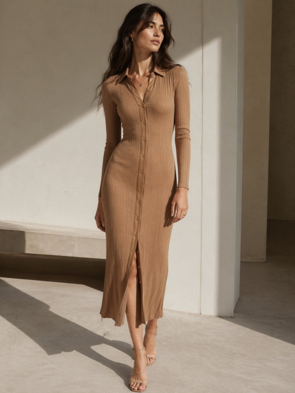 Toccin Camel Colored Long Sleeve Button-Down Dress.